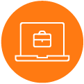 Ícone minimalista de um laptop com uma pasta no centro, em um círculo laranja. Representa trabalho online, negócios digitais ou carreira. Ícone minimalista de um laptop com uma pasta no centro, em um círculo laranja. Representa trabalho online, negócios digitais ou carreira.