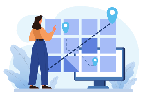 Ilustração de uma mulher interagindo com uma interface digital composta por quadrados dispostos em uma grade, com marcadores de localização conectados por linhas pontilhadas, representando trajetos. No plano de fundo, elementos decorativos como folhas estilizadas complementam a cena.