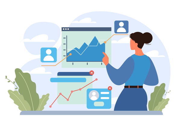 Ilustração de uma profissional analisando dados em um dashboard