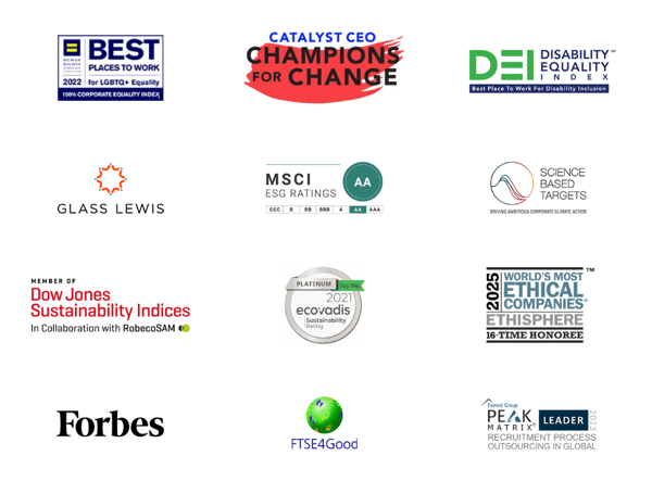 Logotipos de prêmios e reconhecimentos em diversidade, sustentabilidade, ética e liderança, como Human Rights Campaign, MSCI, EcoVadis, Forbes e Ethisphere. Logotipos de prêmios e reconhecimentos em diversidade, sustentabilidade, ética e liderança, como Human Rights Campaign, MSCI, EcoVadis, Forbes e Ethisphere.
