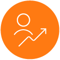 Um ícone minimalista em um círculo laranja, representando crescimento pessoal ou profissional com uma figura humana e uma seta ascendente. Um ícone minimalista em um círculo laranja, representando crescimento pessoal ou profissional com uma figura humana e uma seta ascendente.
