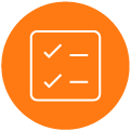 Ícone minimalista em círculo laranja de uma lista com duas marcas de seleção e duas linhas, representando tarefas concluídas ou itens verificados. Ícone minimalista em círculo laranja de uma lista com duas marcas de seleção e duas linhas, representando tarefas concluídas ou itens verificados.
