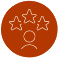 Um ícone circular laranja com um contorno branco de uma pessoa e três estrelas acima de sua cabeça, sugerindo avaliação ou reconhecimento. Um ícone circular laranja com um contorno branco de uma pessoa e três estrelas acima de sua cabeça, sugerindo avaliação ou reconhecimento.