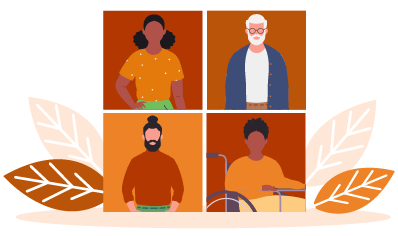 Quatro retratos de pessoas diversas em um fundo laranja, cercados por folhas estilizadas em tons terrosos. As imagens mostram indivíduos de diferentes idades e características, incluindo uma pessoa em cadeira de rodas, sugerindo inclusão e diversidade. Quatro retratos de pessoas diversas em um fundo laranja, cercados por folhas estilizadas em tons terrosos. As imagens mostram indivíduos de diferentes idades e características, incluindo uma pessoa em cadeira de rodas, sugerindo inclusão e diversidade.