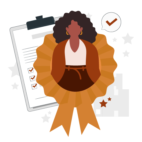 Uma mulher com cabelo afro emoldurada por uma medalha dourada é o destaque. Ao fundo, um checklist em uma prancheta com itens marcados e um balão de fala com um "check" reforçam a ideia de sucesso, reconhecimento e tarefas concluídas. Uma mulher com cabelo afro emoldurada por uma medalha dourada é o destaque. Ao fundo, um checklist em uma prancheta com itens marcados e um balão de fala com um "check" reforçam a ideia de sucesso, reconhecimento e tarefas concluídas.